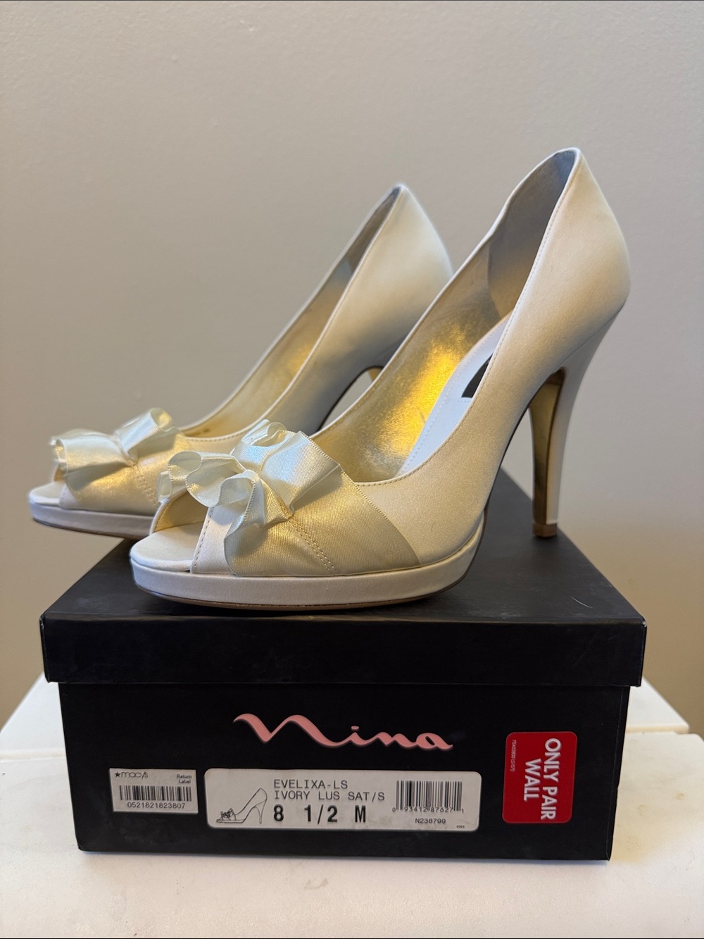 Nina Ivory Satin Open-Toe Pumps with Bow Accent